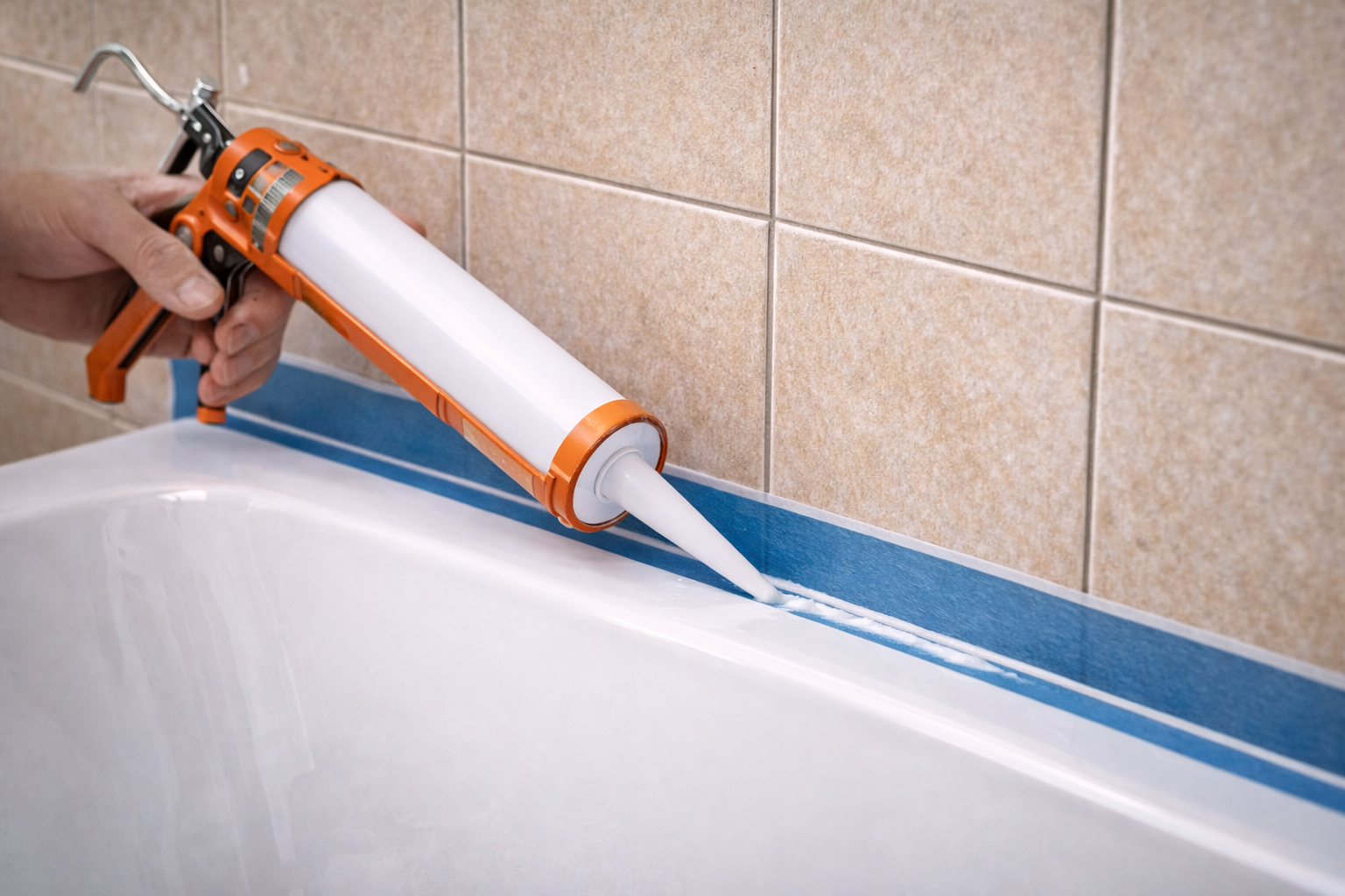 Заделка шва между ванной и плиткой силиконовым герметиком Нанесение белого силиконового герметика на шов между ванной и плиткой для защиты от влаги