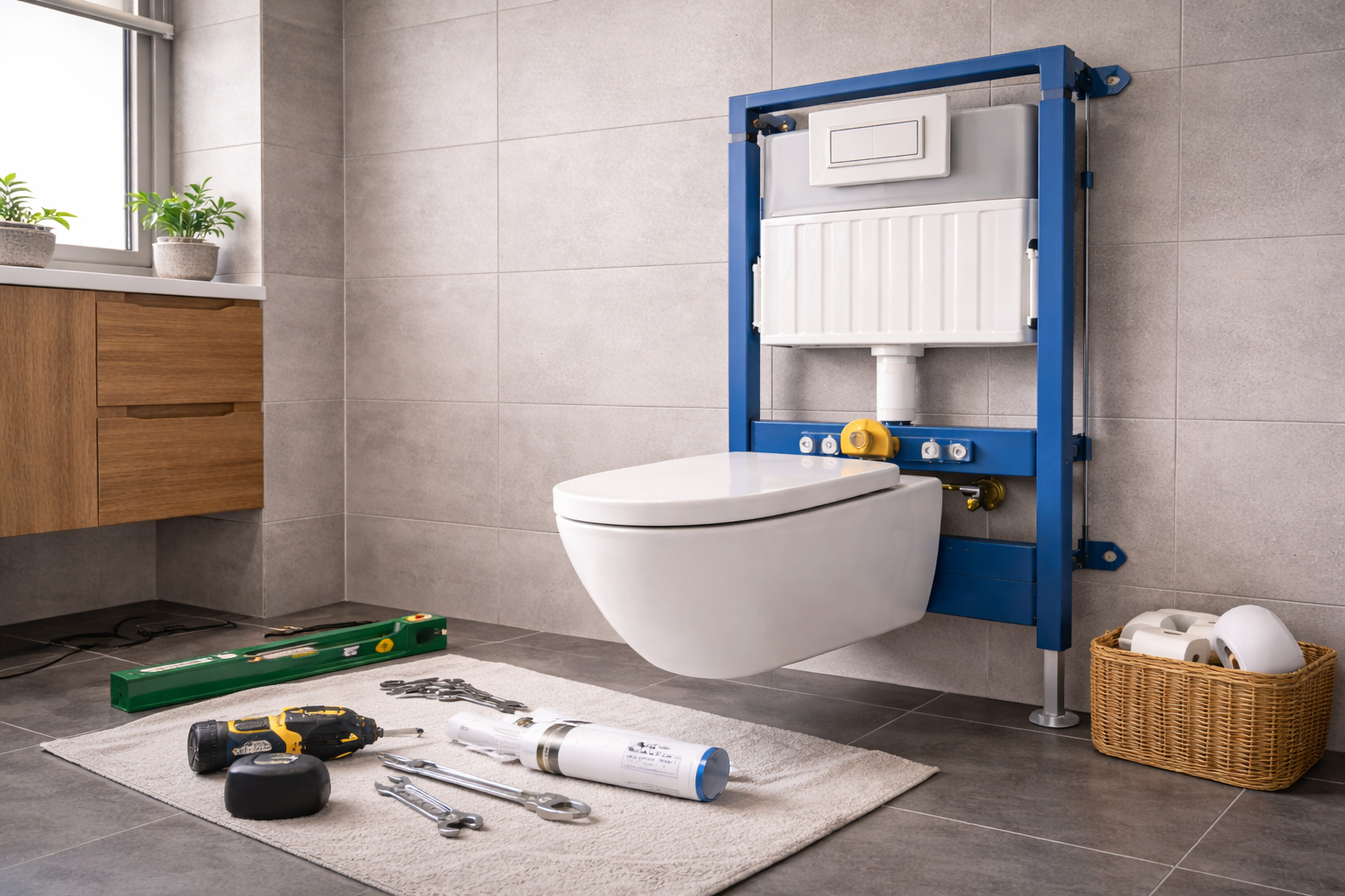 Монтаж инсталляции для подвесного унитаза в современной ванной комнате