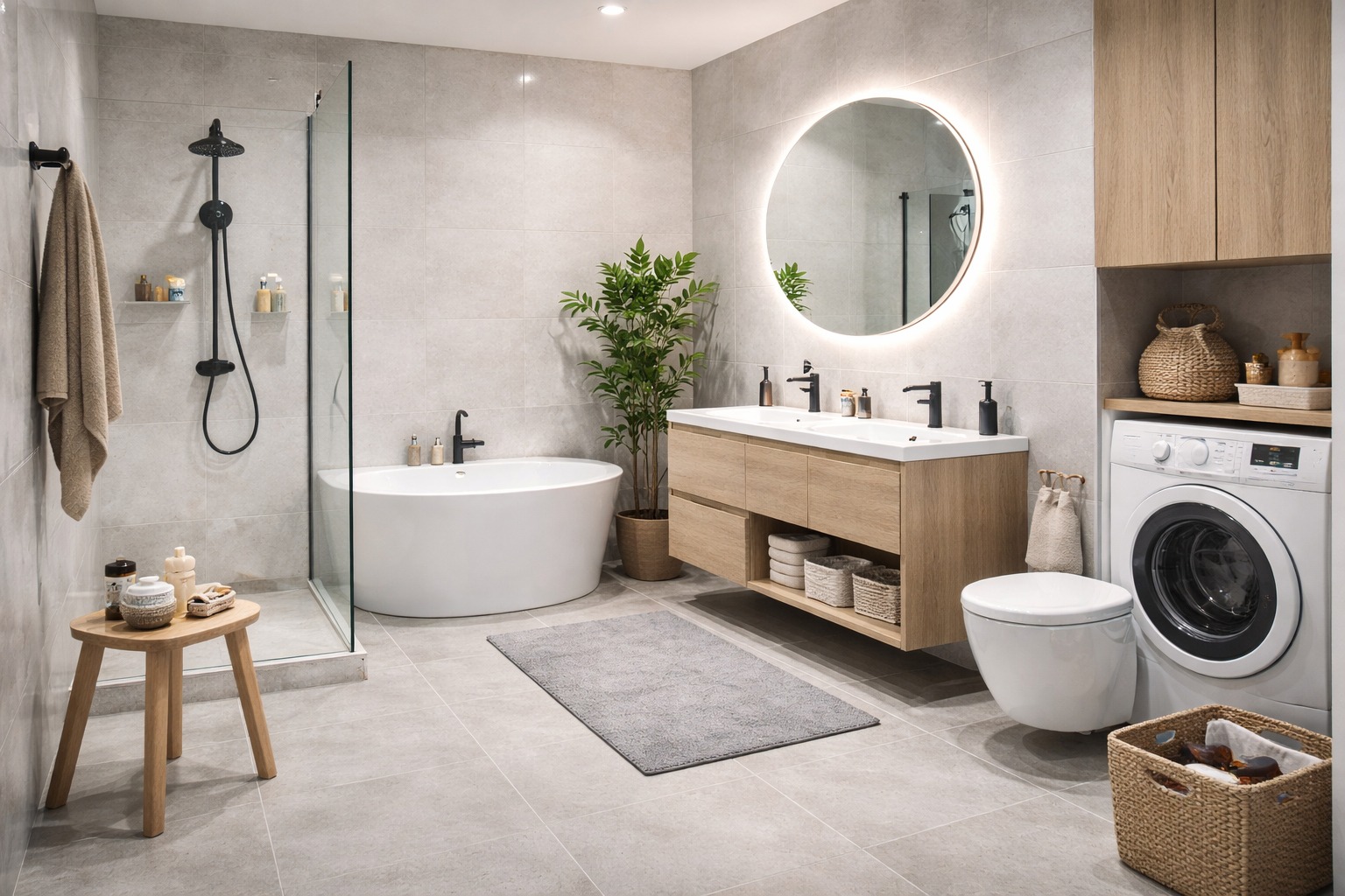 Современная ванная комната с продуманной планировкой, плиткой и сантехникой