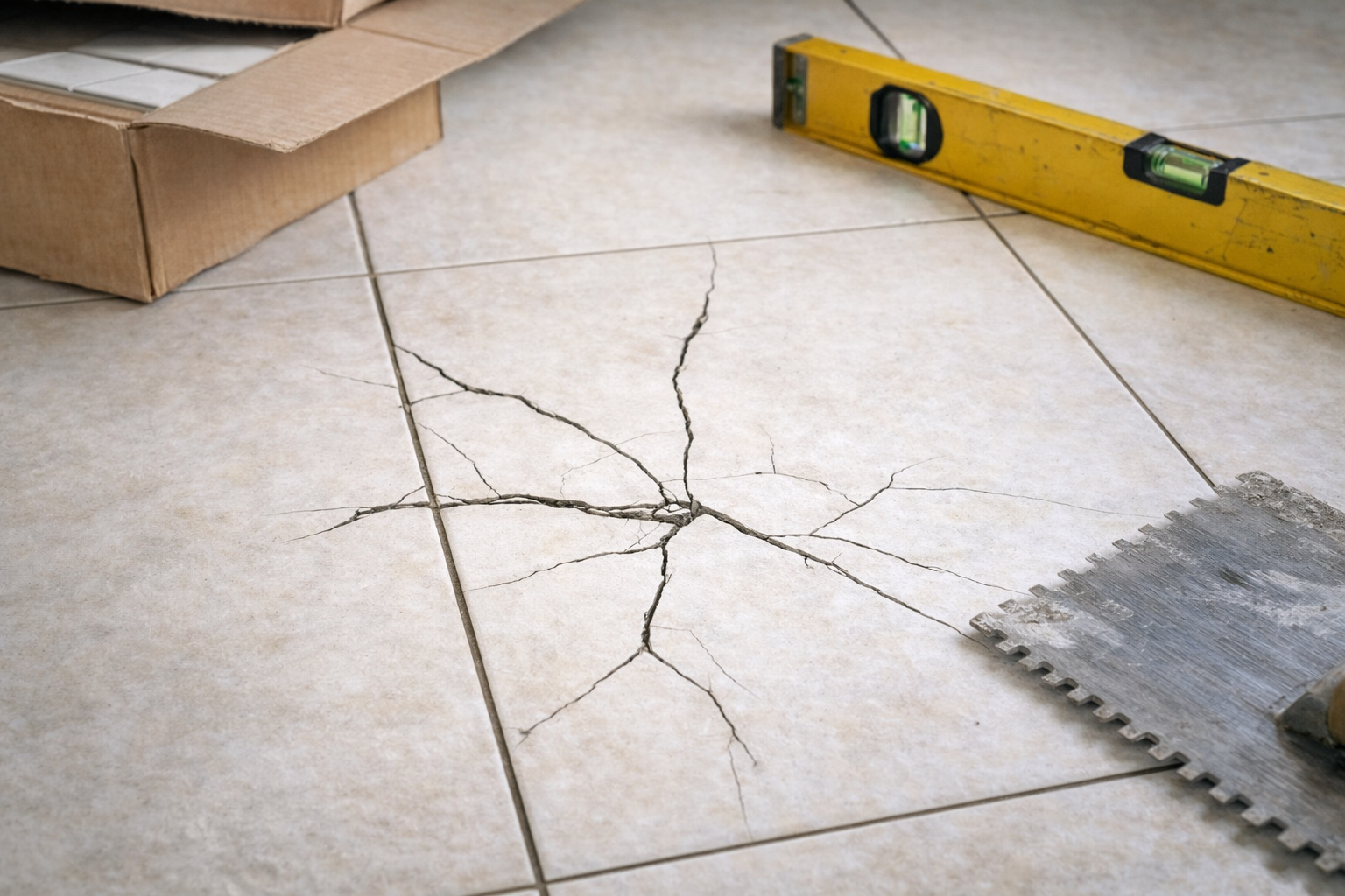 Трещина на плитке — возможный брак или ошибка монтажа Треснувшая керамическая плитка на полу с инструментами рядом — пример последствий неправильной укладки или брака материала