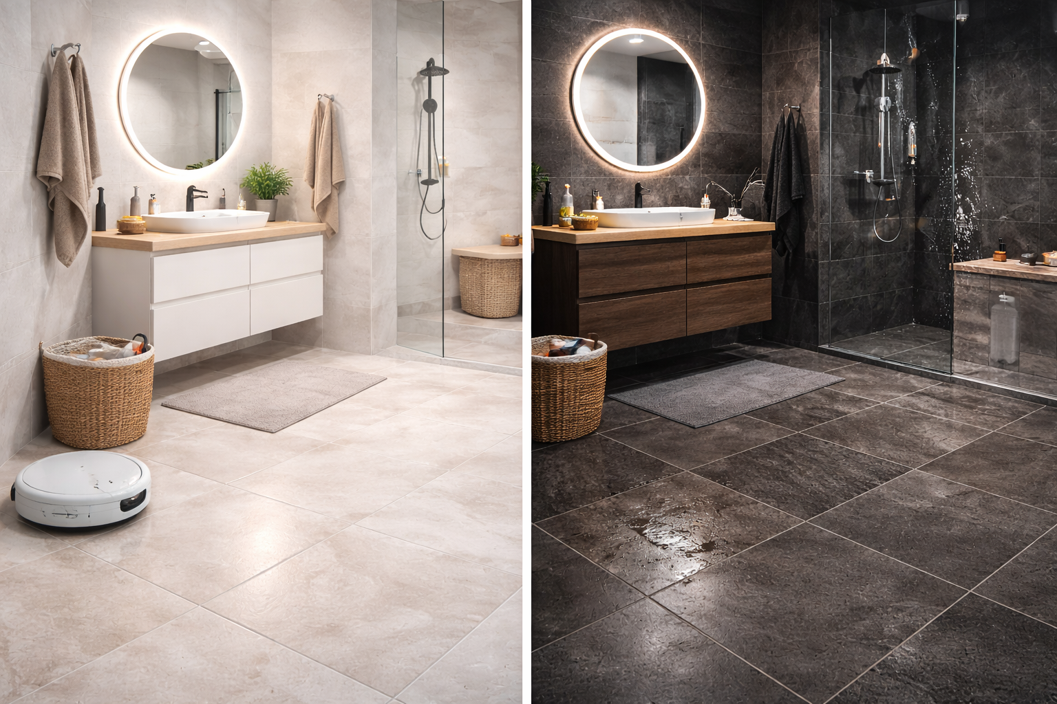 Сравнение светлой и тёмной напольной плитки в современном интерьере ванной комнаты