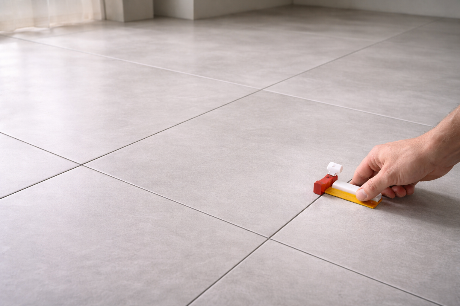 Процесс бесшовной укладки плитки с системой выравнивания Бесшовная укладка керамической плитки на полу с использованием системы выравнивания, крупный план руки мастера