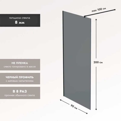 Душевое ограждение BENETTO walk-in 900х2000, тонированное стекло, профиль черный матовый, BEN-602_BL_T - изображение 2